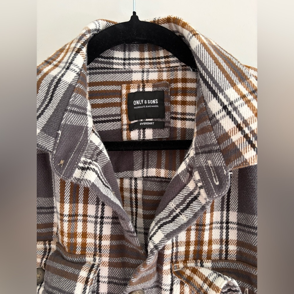 Only & Sons Grey & Brown Plaid Flannel Shirt Jacket size XL - Picture 2 of 7